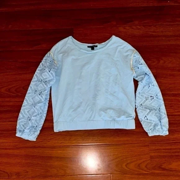 Embellished Lace Sleeve Sweatshirt Airy Blue by Boston proper S pullover stretch - Picture 2 of 10